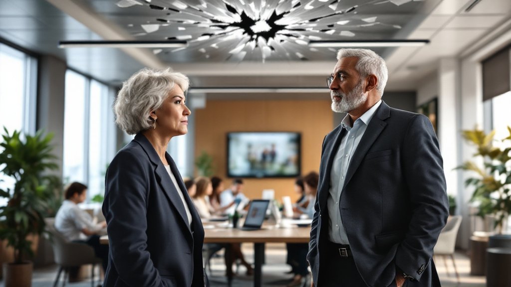 Silver-haired executive woman and man face off in a modern office beneath a shattered glass ceiling