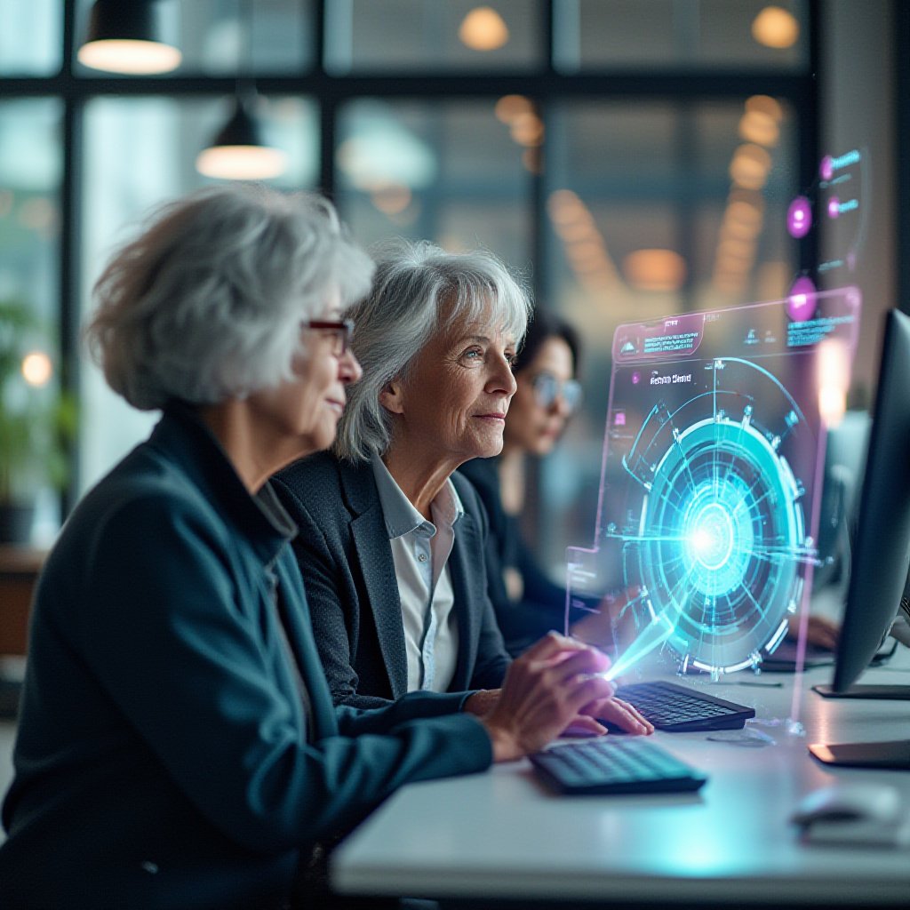 Two grey-haired women working at a desk with a glowing futuristic holographic interface