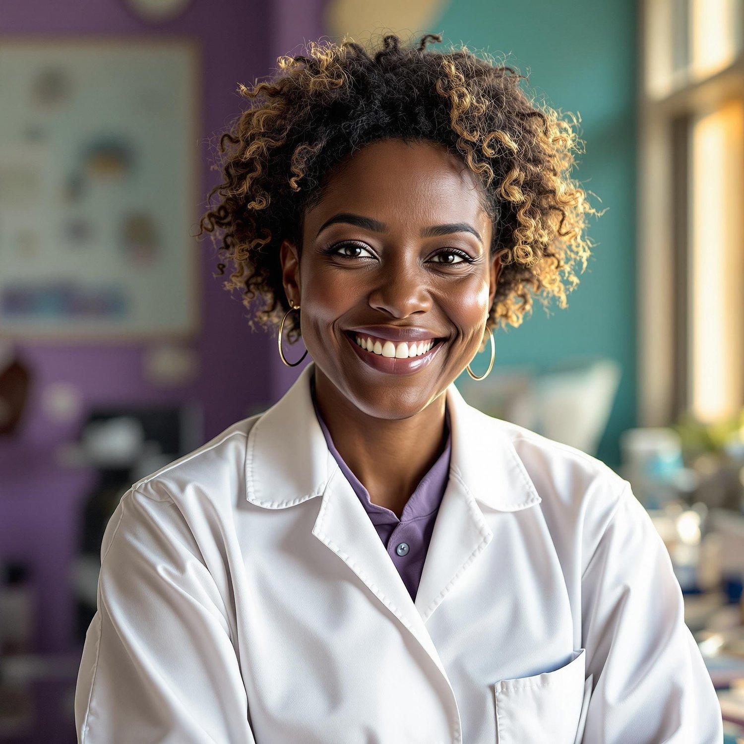 Smiling Black woman in a white lab coat standing in a sunlit laboratory