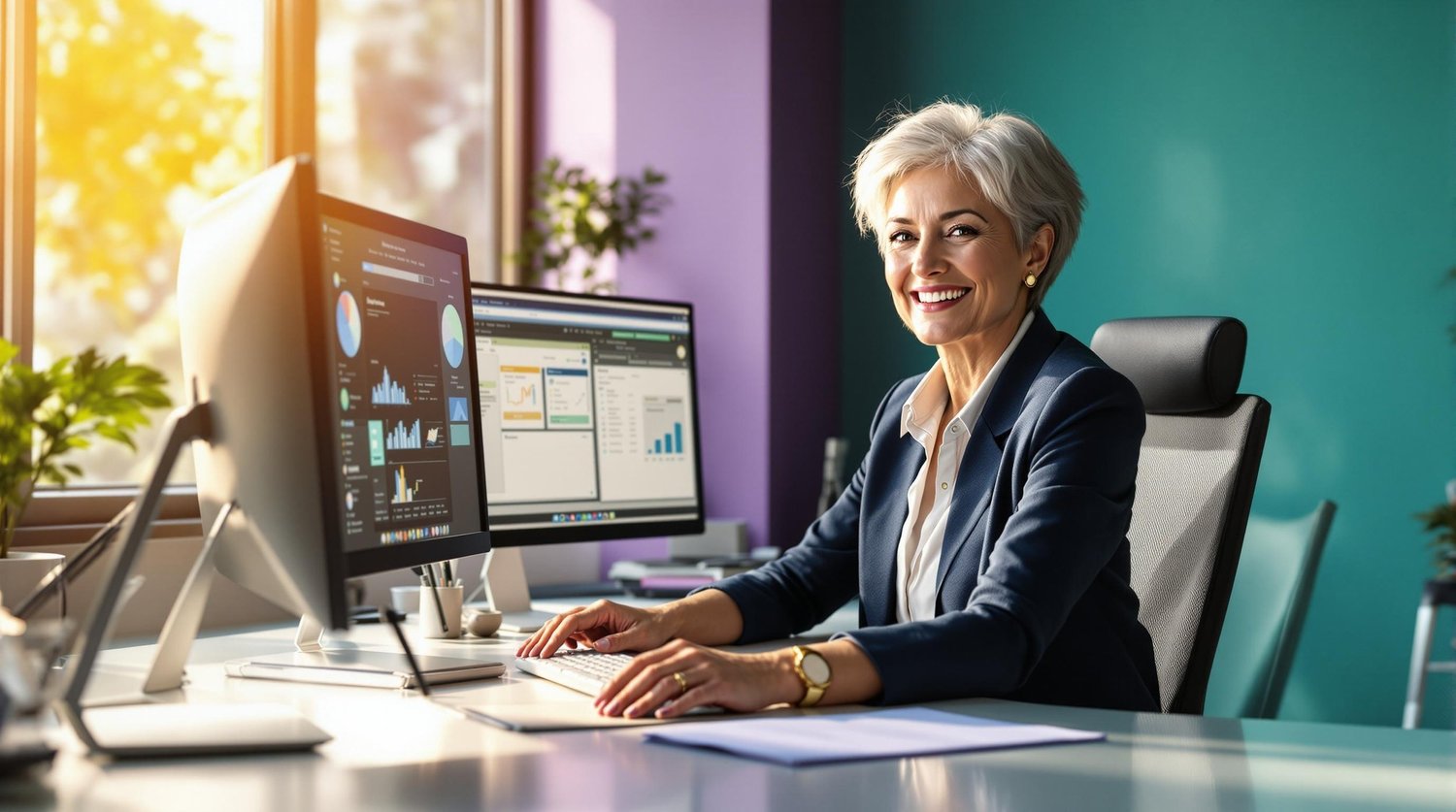 Smiling silver-haired professional woman at a bright desk with multiple monitors showing charts and dashboards
