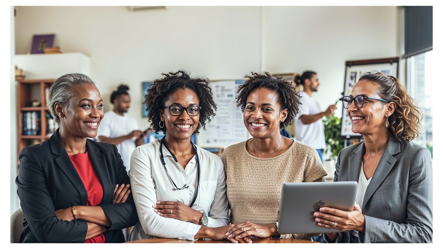 Four smiling professional women gathered around a table, one holding a tablet, in a bright office