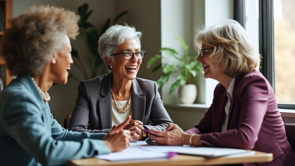 Three professional women over 50 laughing together during a meeting at an office table