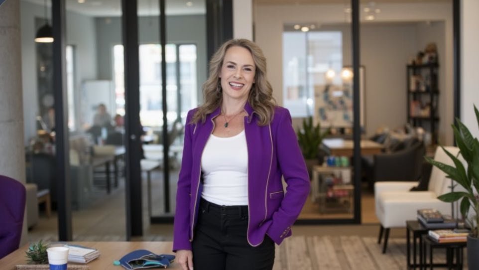 Confident woman in a purple blazer smiling with her hand in her pocket in a modern coworking space