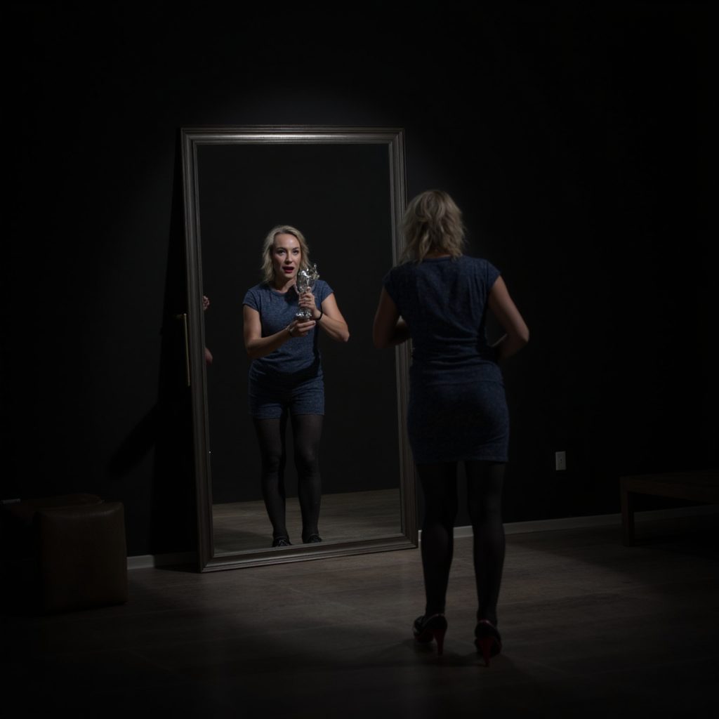 Woman holding a trophy stares doubtfully at her reflection in a mirror inside a dark room