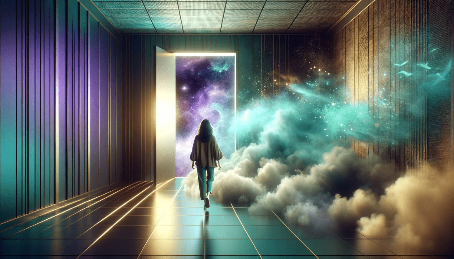 Woman walking through a glowing doorway into a starry cosmic space as teal clouds swirl around her