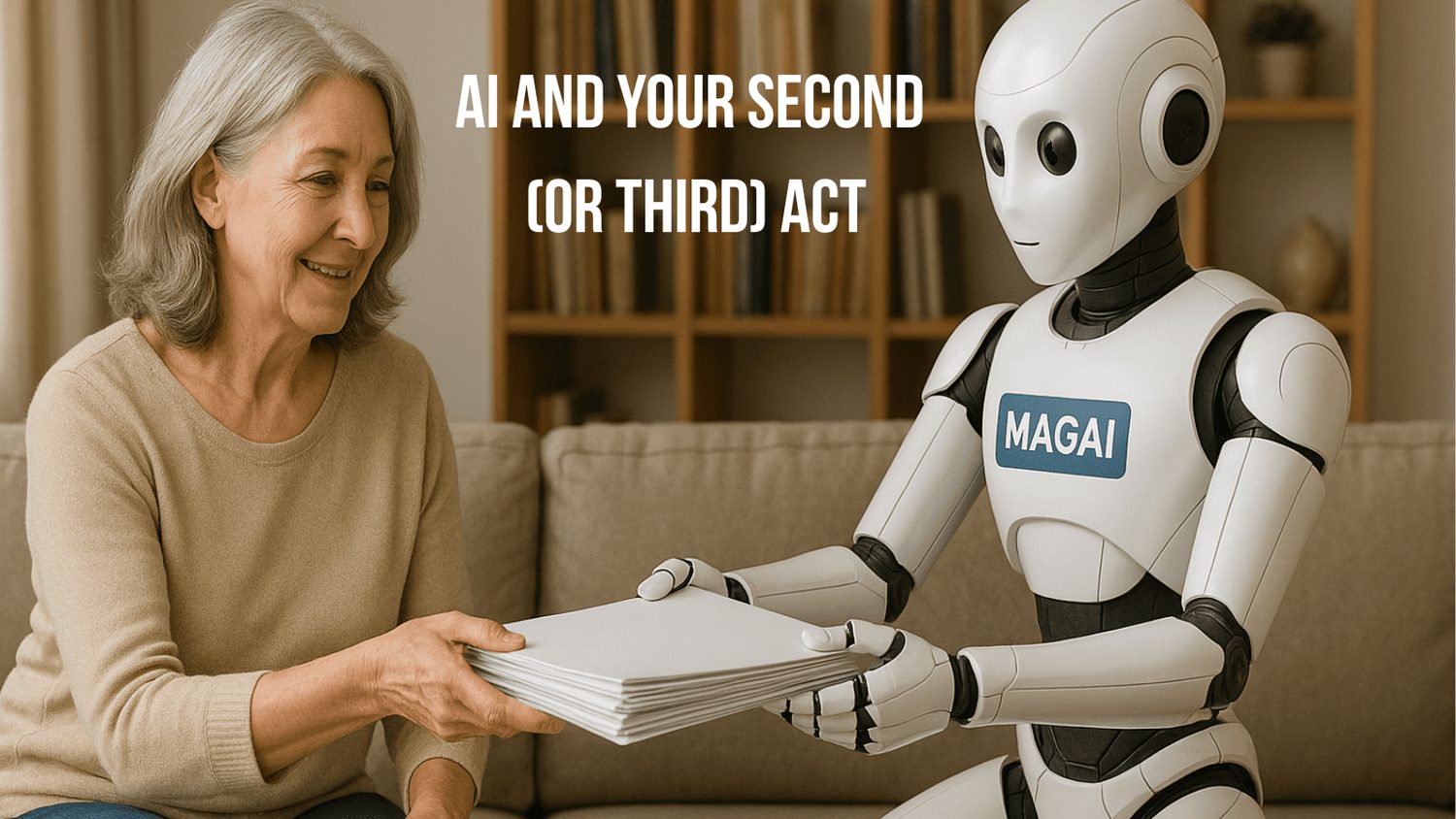 Silver-haired woman receiving a stack of papers from a friendly humanoid robot, titled AI and your second or third act