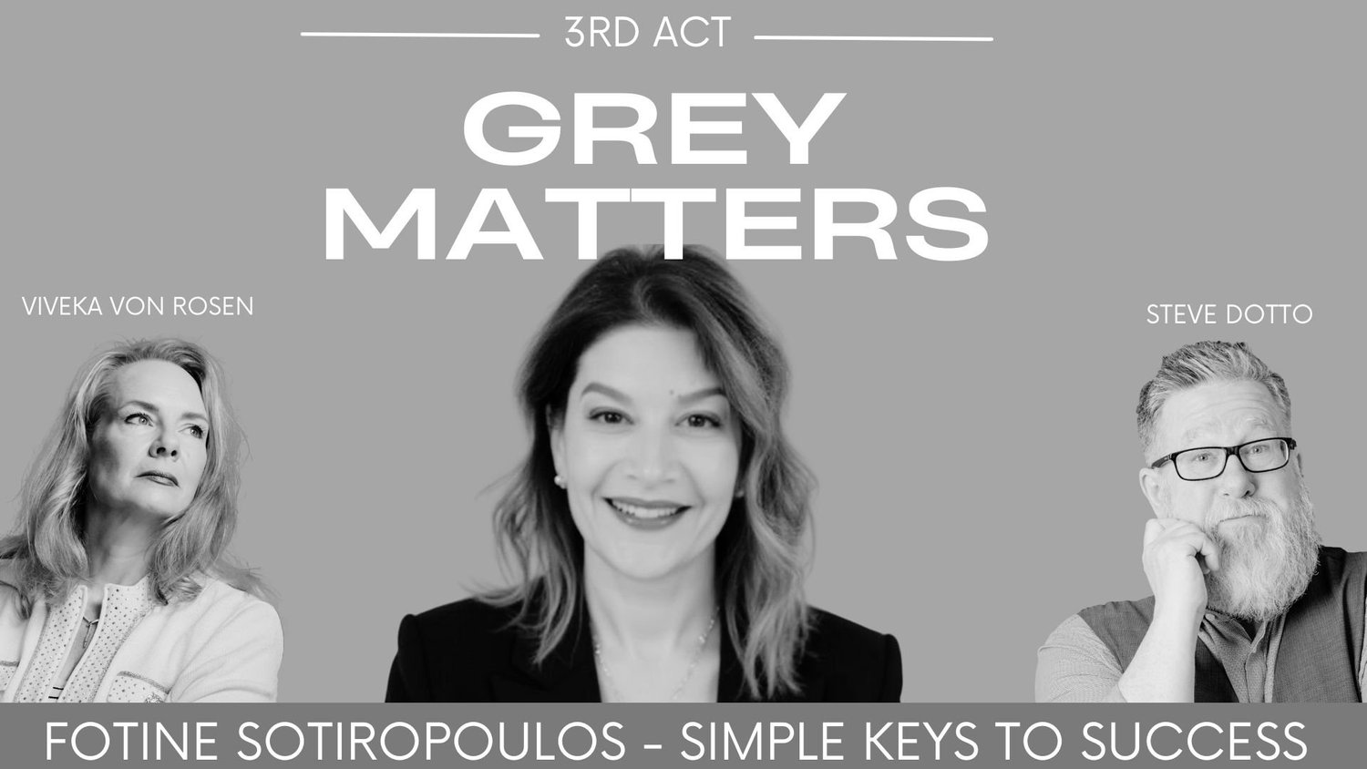 Grey Matters podcast thumbnail featuring guest Fotine Sotiropoulos with hosts Viveka von Rosen and Steve Dotto