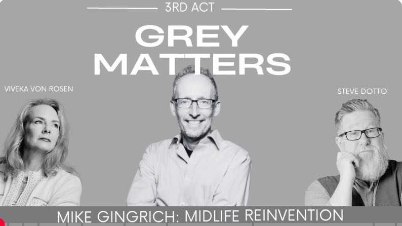 Grey Matters podcast cover with guest Mike Gingrich between co-hosts Viveka von Rosen and Steve Dotto