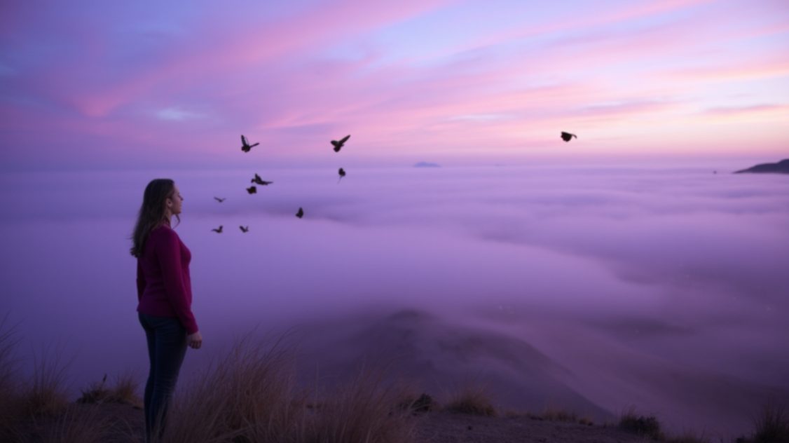 Woman standing on a hilltop above a sea of clouds at purple dusk as birds fly past