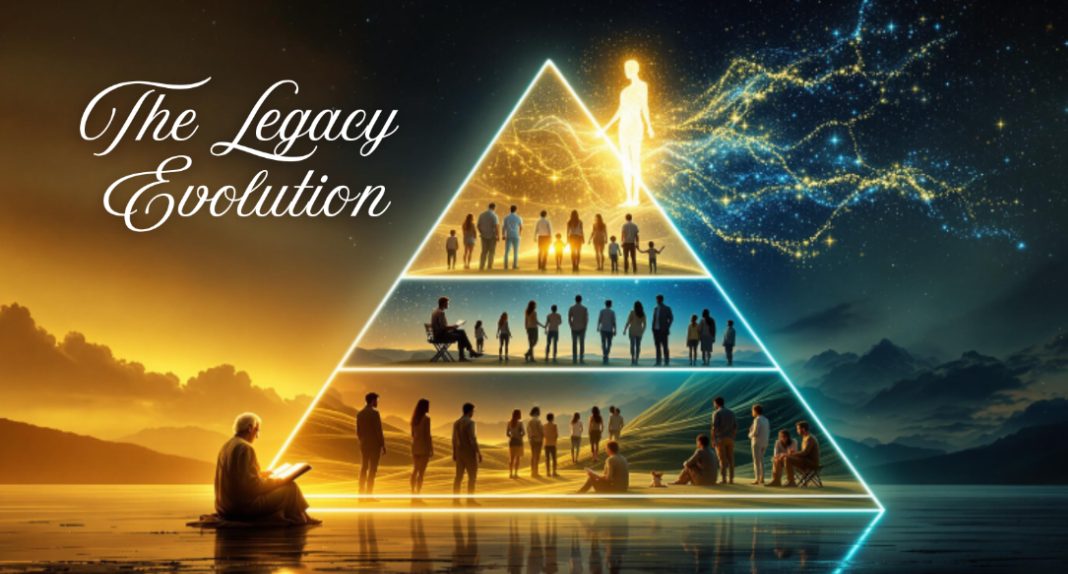 The Legacy Evolution illustration: a glowing pyramid of generations rising from an elder reading at sunset