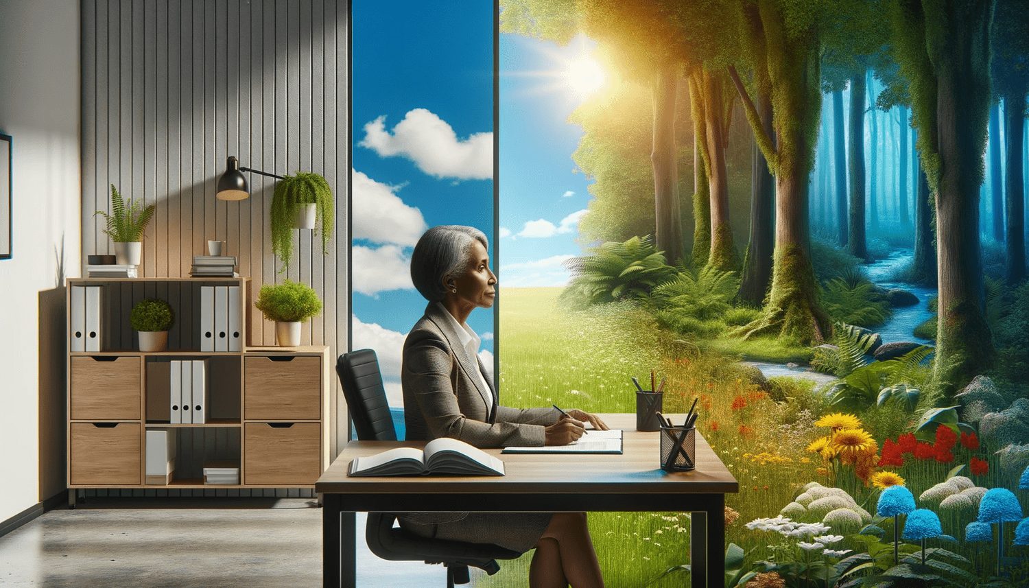 Silver-haired professional woman writing at a desk where her office opens into a sunlit forest meadow