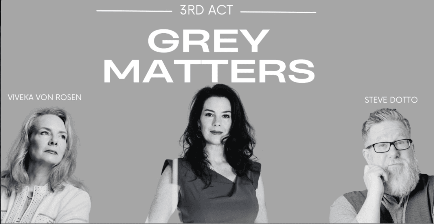 Grey Matters podcast cover with guest Neeli Clute between co-hosts Viveka von Rosen and Steve Dotto