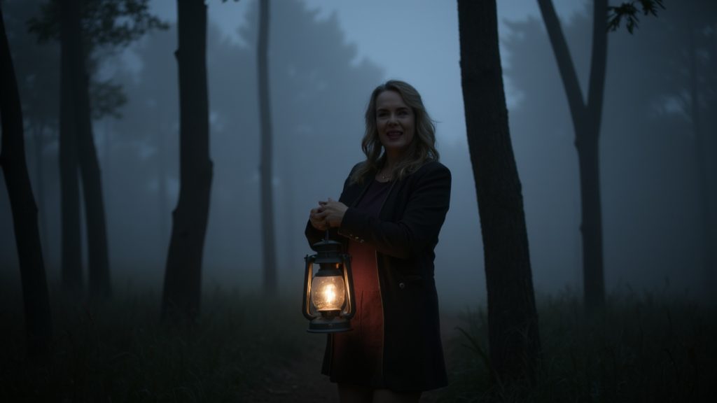 Smiling woman holding a lit lantern on a misty forest path at dusk