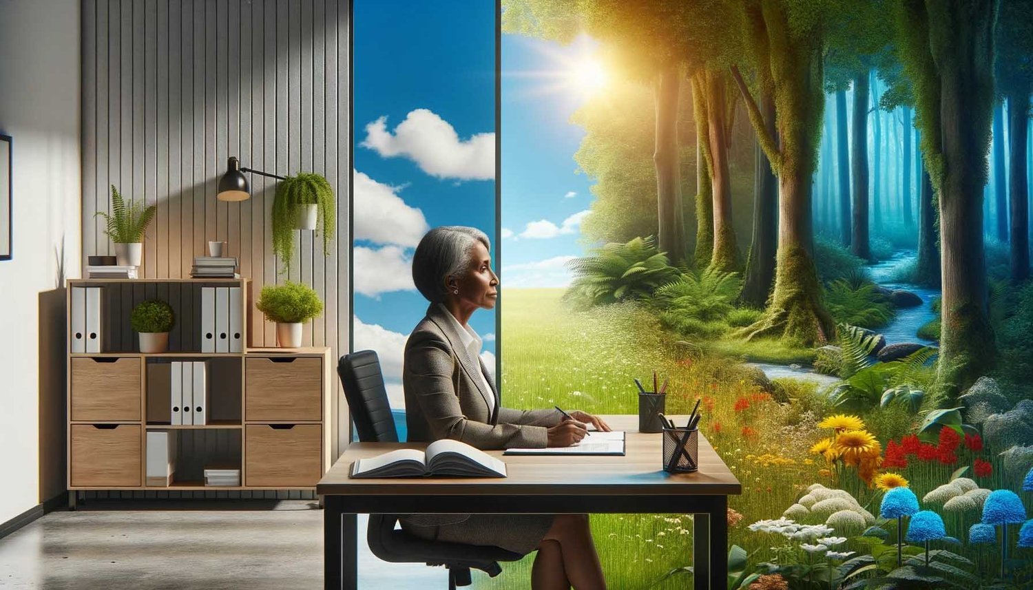 Silver-haired professional woman writing at a desk where her office opens into a sunlit forest meadow