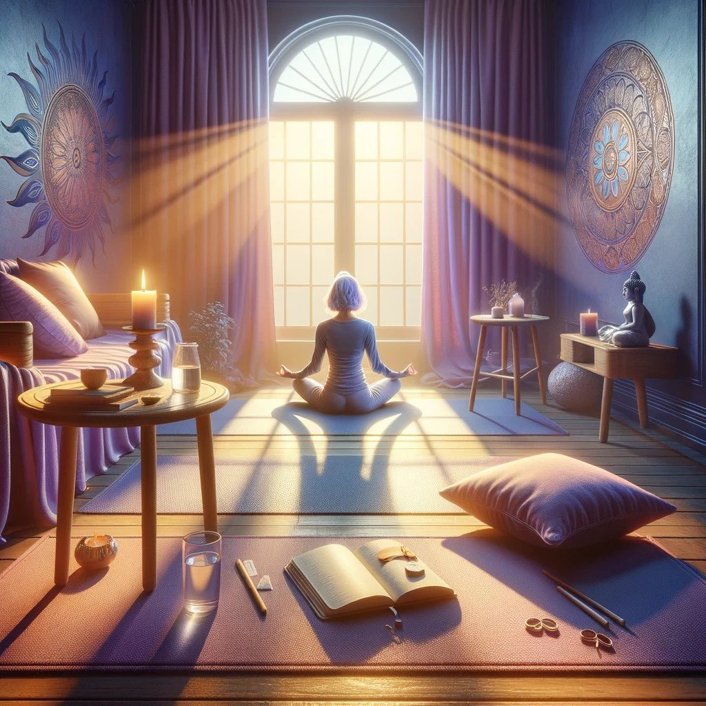 Woman meditating cross-legged before a sunlit window in a purple room with candles and an open journal