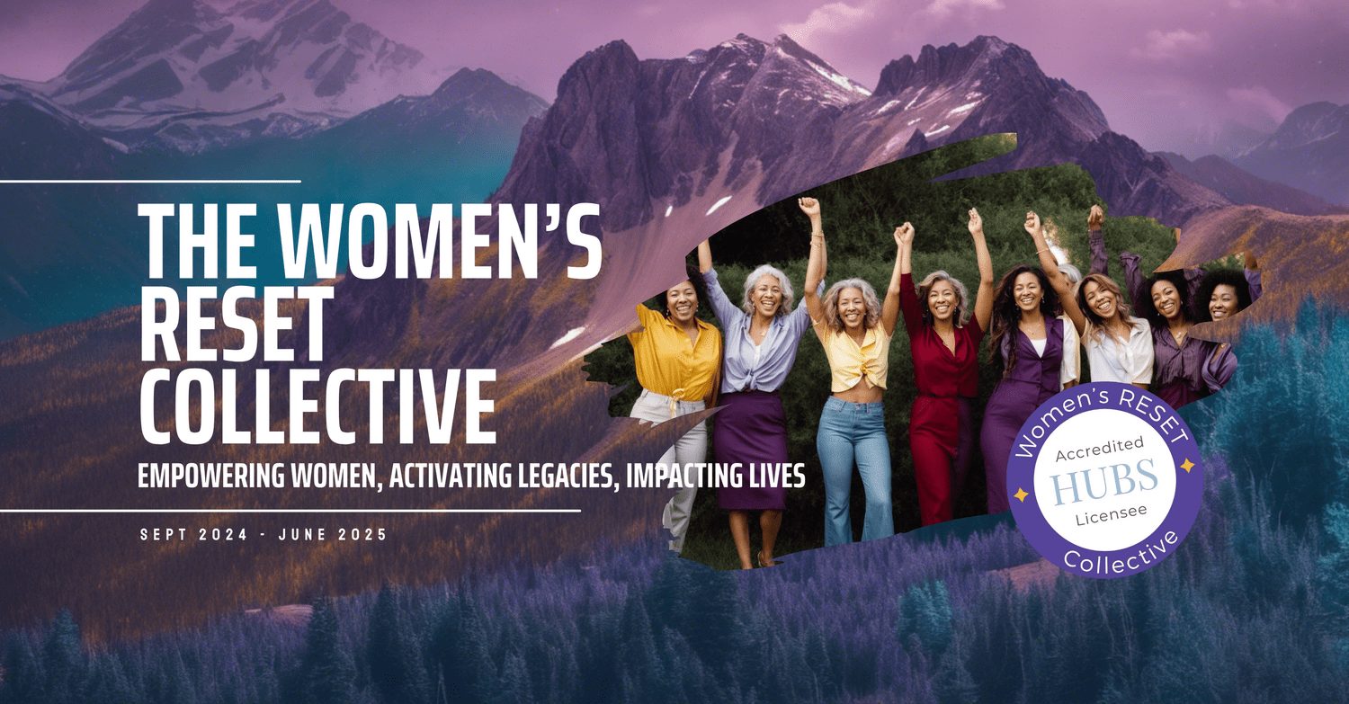 Women’s Reset Collective banner showing women celebrating with raised arms against purple mountain scenery