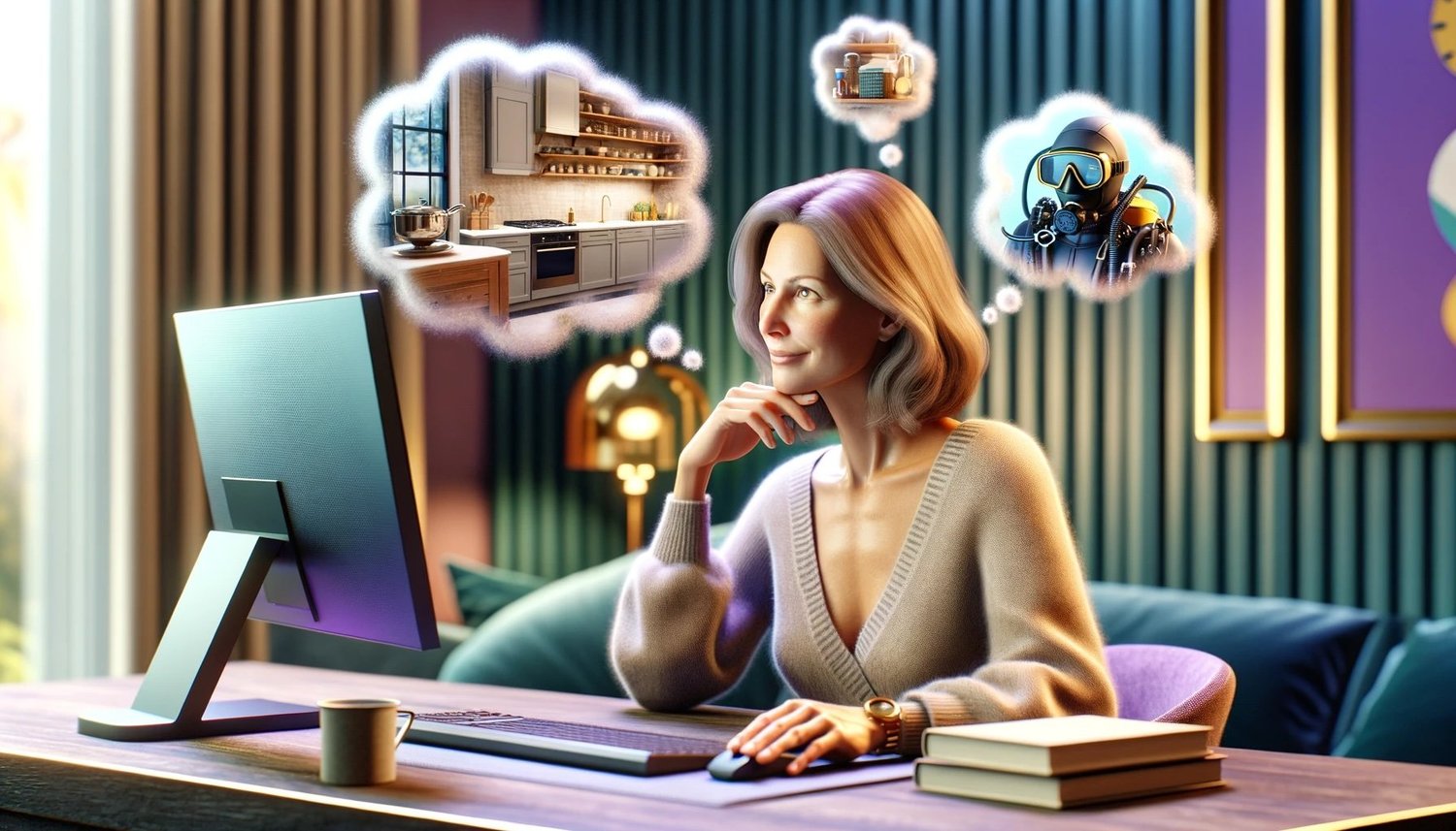 Woman at her computer daydreaming, with thought bubbles showing a remodeled kitchen and a scuba diver