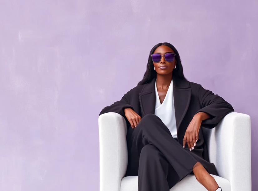 Confident woman in purple sunglasses and a black coat seated in a white armchair against a lavender wall