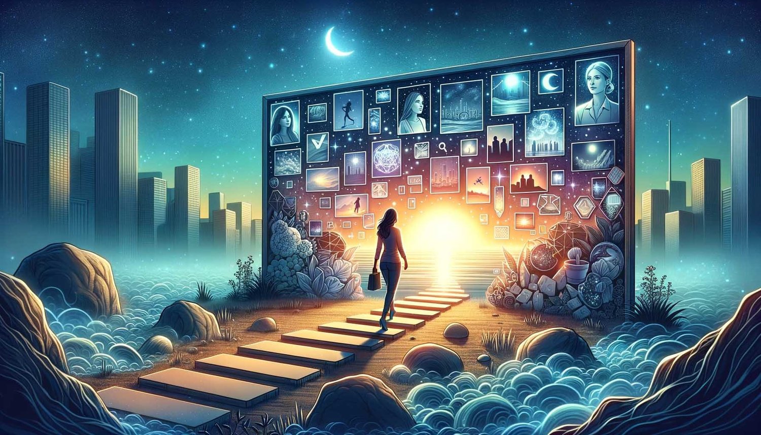 Illustration of a woman crossing stepping stones toward a glowing dream board of images under a night sky