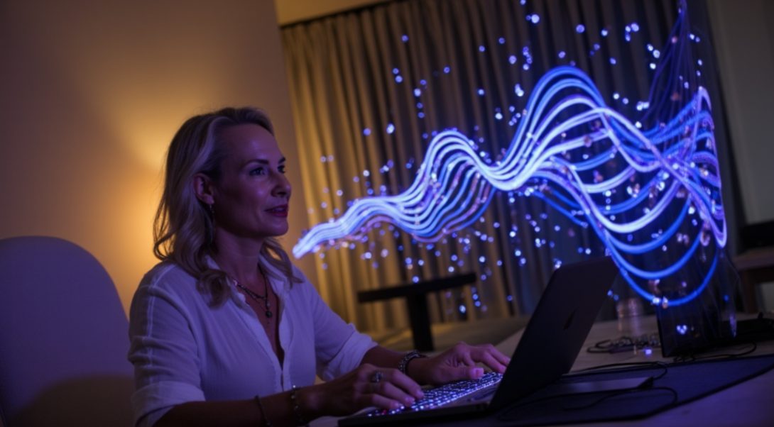 Blonde woman typing on a laptop as glowing blue waves of light and music flow from the screen